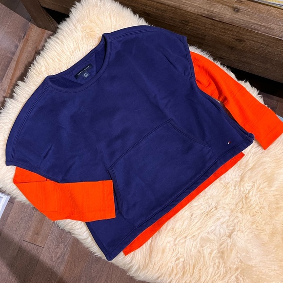 Set of 2! Tommy Hilfiger cozy blue sweatshirt and orange vest with zip - Picture 1 of 7